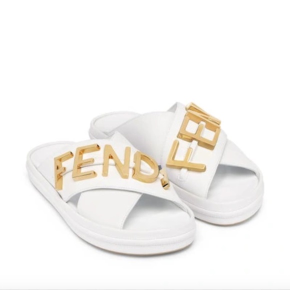 NIB $1150 Fendi graphy Platform Slide Sandal (Women) in White/Gold - size 37! - Picture 1 of 15